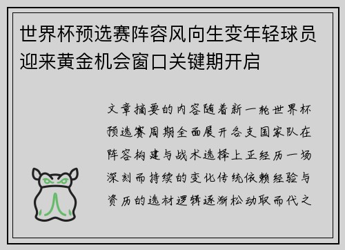 世界杯预选赛阵容风向生变年轻球员迎来黄金机会窗口关键期开启